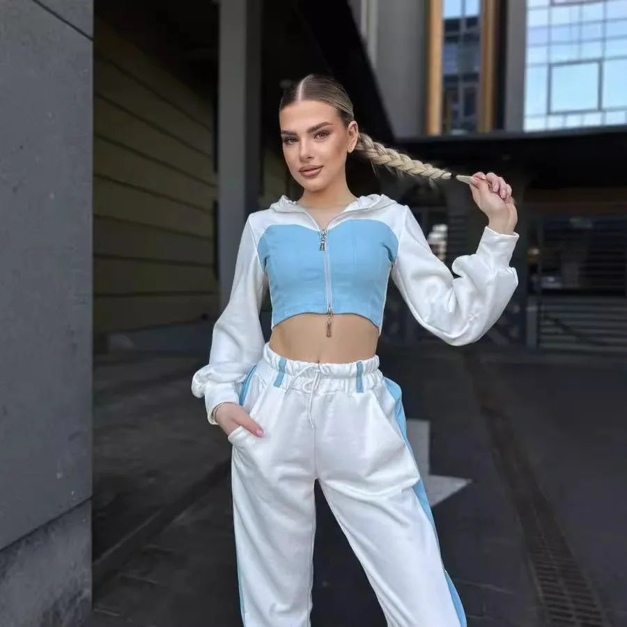 Ensemble 2 pièces en denim patchwork pour femmes, tenue décontractée, sweats à capuche minces, haut court, pantalon de survêtement à jambes larges, streetwear imbibé, survêtements à la mode