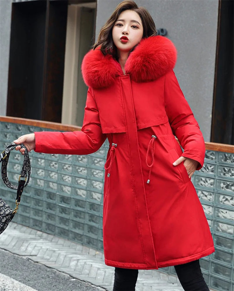 Veste d'hiver 2025 nouvelles femmes Parka vêtements manteau Long doublure en laine veste à capuche col de fourrure épais chaud vêtements de neige rembourré Parka 6XL