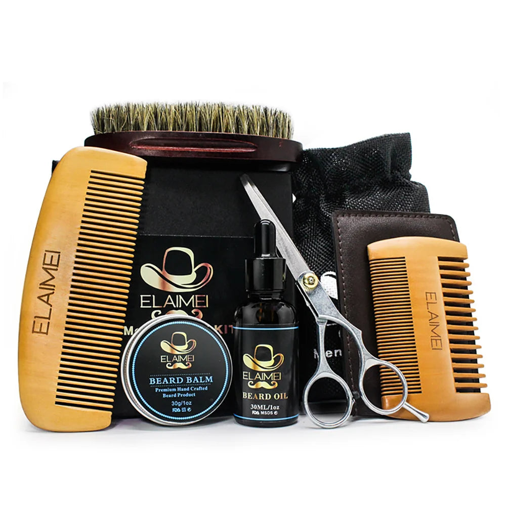 Kit de toilettage de barbe pour hommes, huile essentielle, baume avec ciseaux, peigne, brosse, ensemble de sang, style aléatoire, 03/Care, 6 pièces