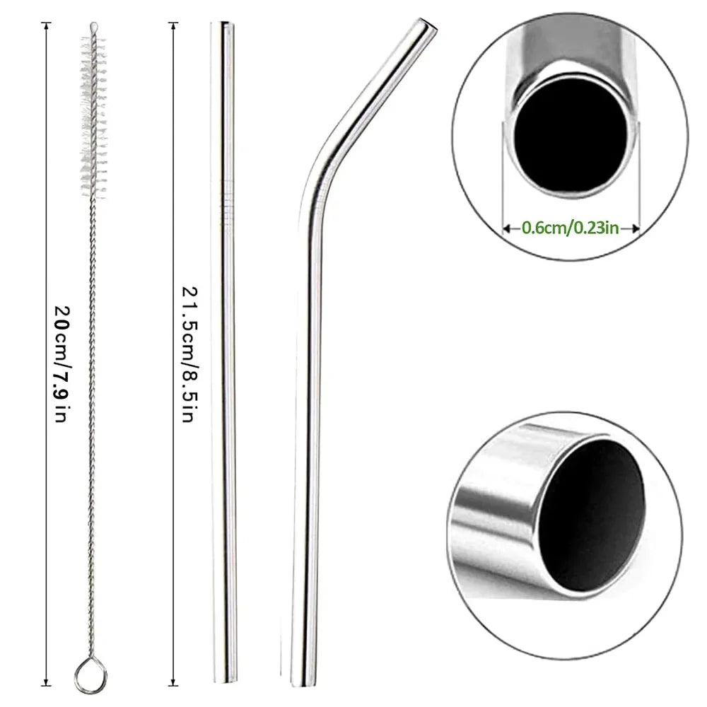 Paille à boire réutilisable en acier inoxydable 304, paille métallique droite et courbée avec pochette pour brosse de nettoyage, vente en gros