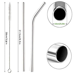Paille à boire réutilisable en acier inoxydable 304, paille métallique droite et courbée avec pochette pour brosse de nettoyage, vente en gros