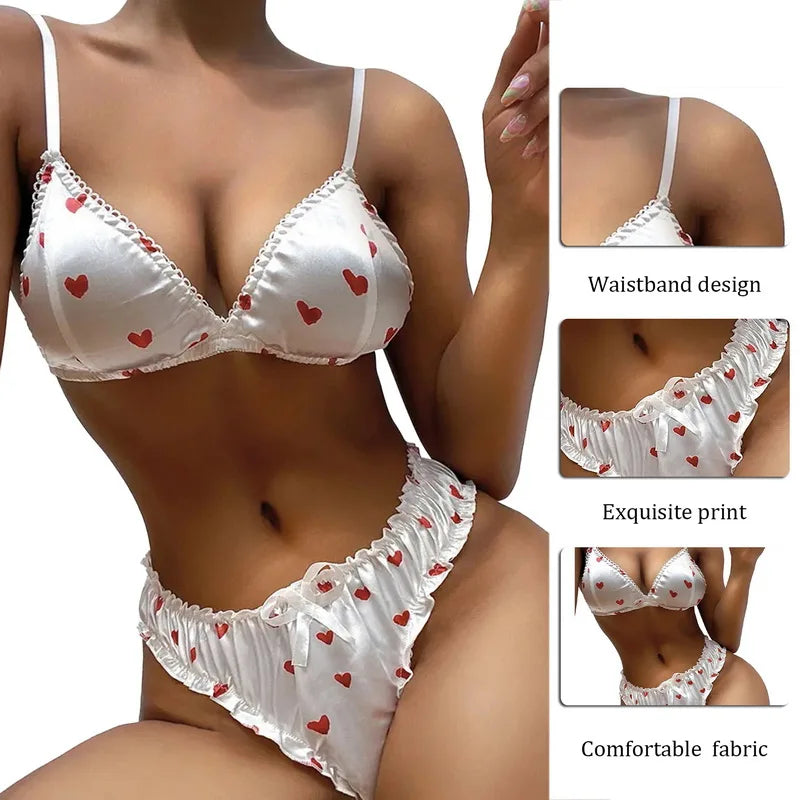 Ensemble de soutien-gorge Sexy en Satin imprimé cœur pour filles et femmes, Lingerie d'été sans fil, sous-vêtements deux pièces, ensemble de soutien-gorge féminin