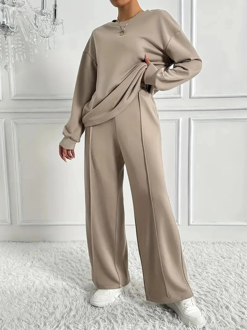 Ensemble deux pièces pour femmes, décontracté, col rond, manches longues, sweat-shirt, pantalon à jambes larges, costumes automne hiver, mode dames, tenue de bureau