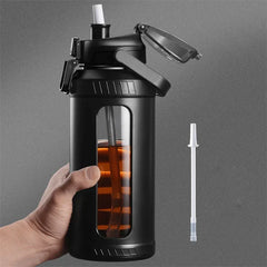 Large capacity 2L glass water bottle with removable straw, high borosilicate glass water bottle with carrying handle for gym