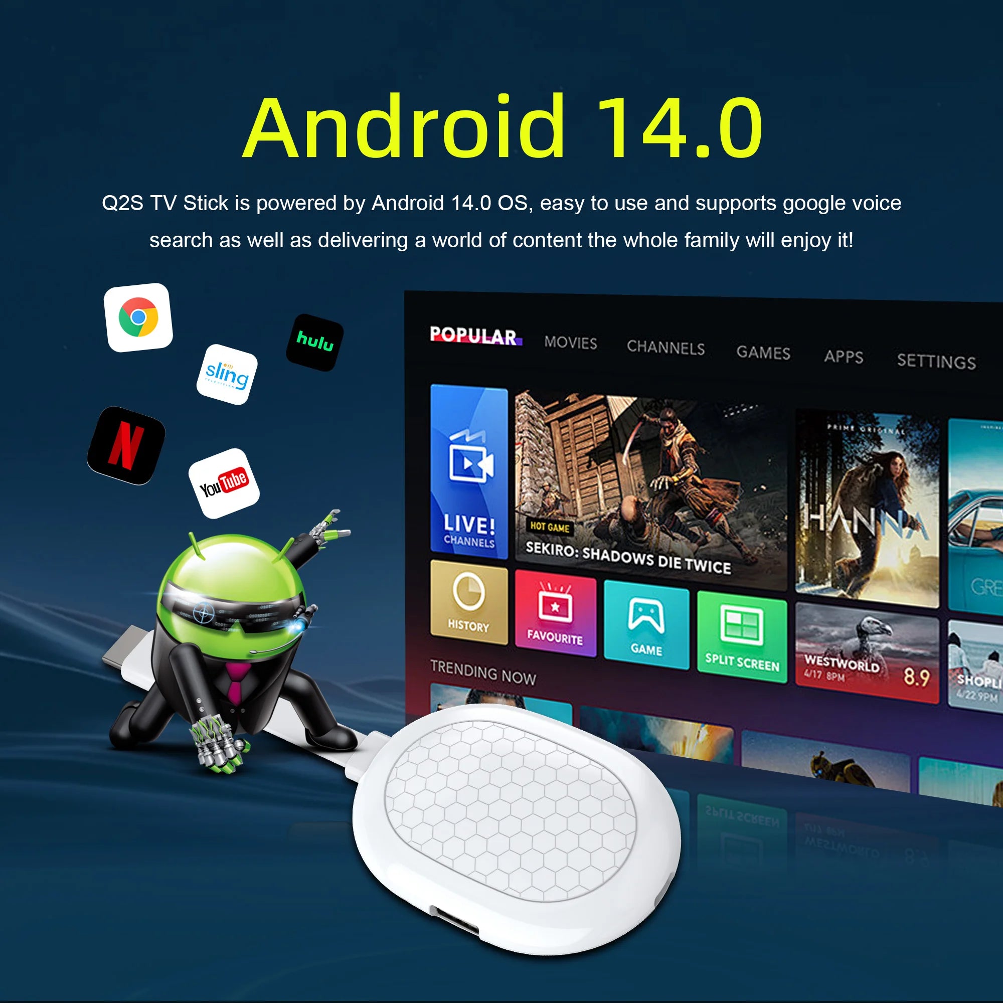 Clé TV intelligente Android 14 Allwinner H313 Mortal Q2S Chromecast Télécommande vocale WiFi 6 4K à 60 ips WiFi 6 Bluetooth 2 Go 8 Go 16 Go Streaming