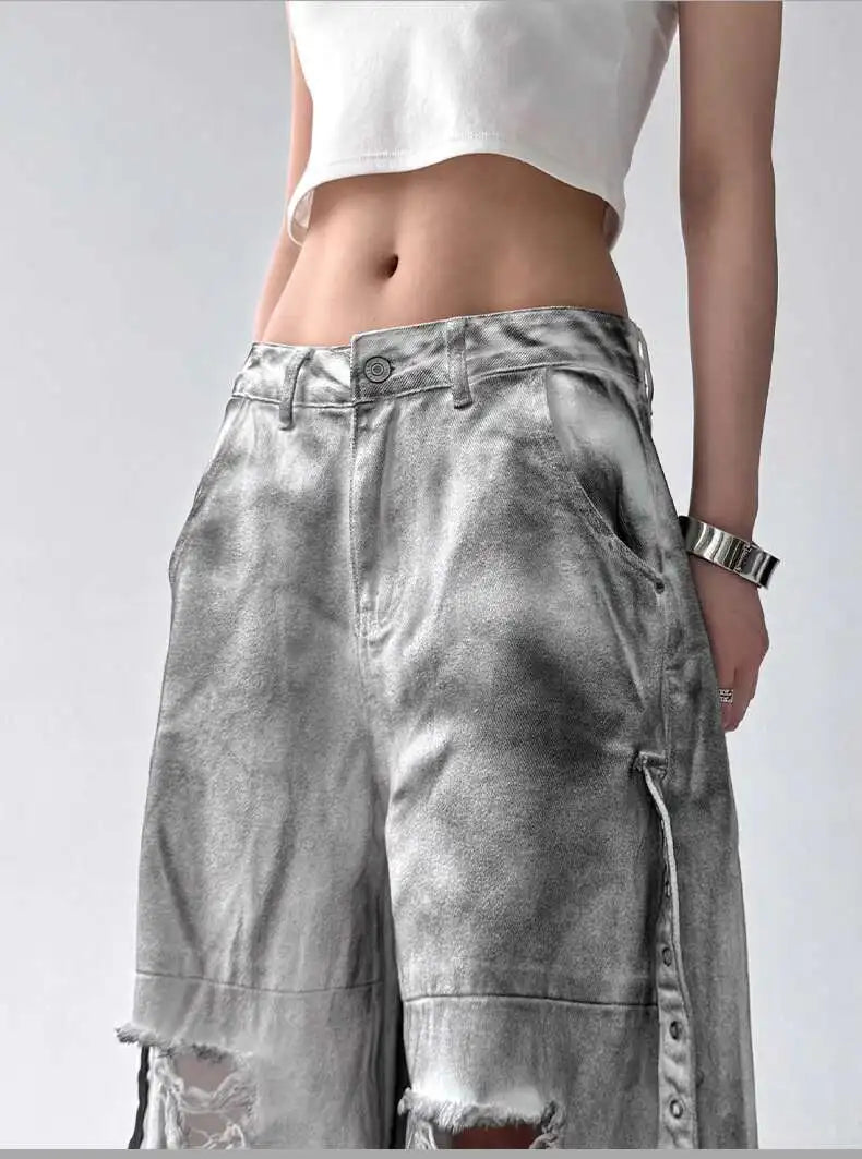 Femmes jean pantalon américain haute rue déchiré droit jambe large jean pour femmes conception cravate-teinture Jazz danse Cargo pleine mince jean