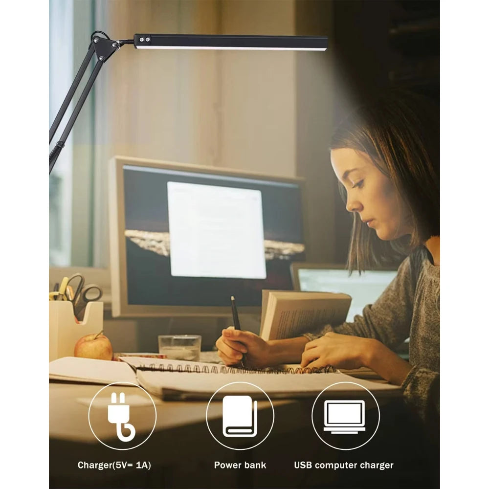 Lampe de bureau, lampe de bureau LED avec culbuteur, Angle réglable, 10 niveaux de luminosité, 3 modes d'éclairage, luminaire, apprentissage du protection des yeux