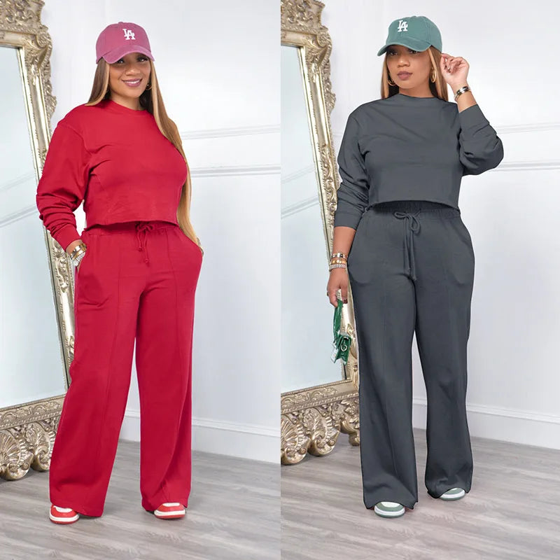 Ensemble de vêtements pour femmes, pull + pantalon, 2 pièces, costumes d'hiver épais et chauds, couleur unie, survêtement décontracté
