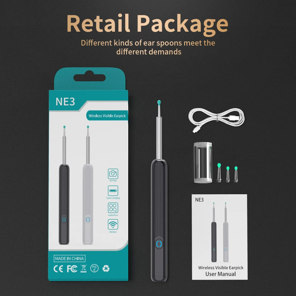 NE3 nettoyeur d'oreilles outil de retrait de cire d'oreille de haute précision avec caméra LED Otoscope sans fil Kit de nettoyage d'oreille intelligent meilleur cadeau