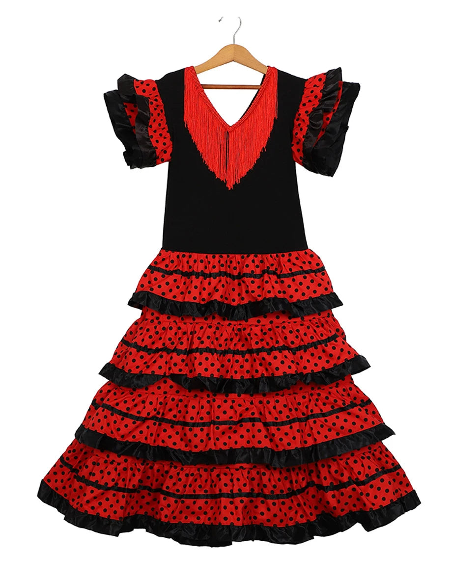 Robe de danse traditionnelle espagnole pour filles, robe de Festival à pois avec pompon, quatre couleurs, jupe classique de Style Flamengo gitane pour enfants