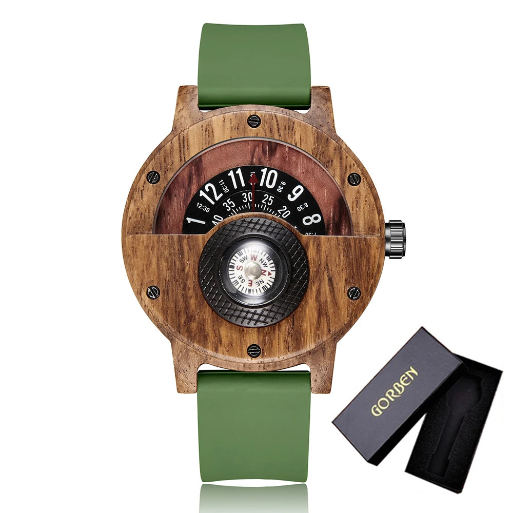 Montre en bois naturel pour hommes, Table rotative, cadran boussole, véritable bois de noyer, ébène, bambou, Concept marron, montre à Quartz