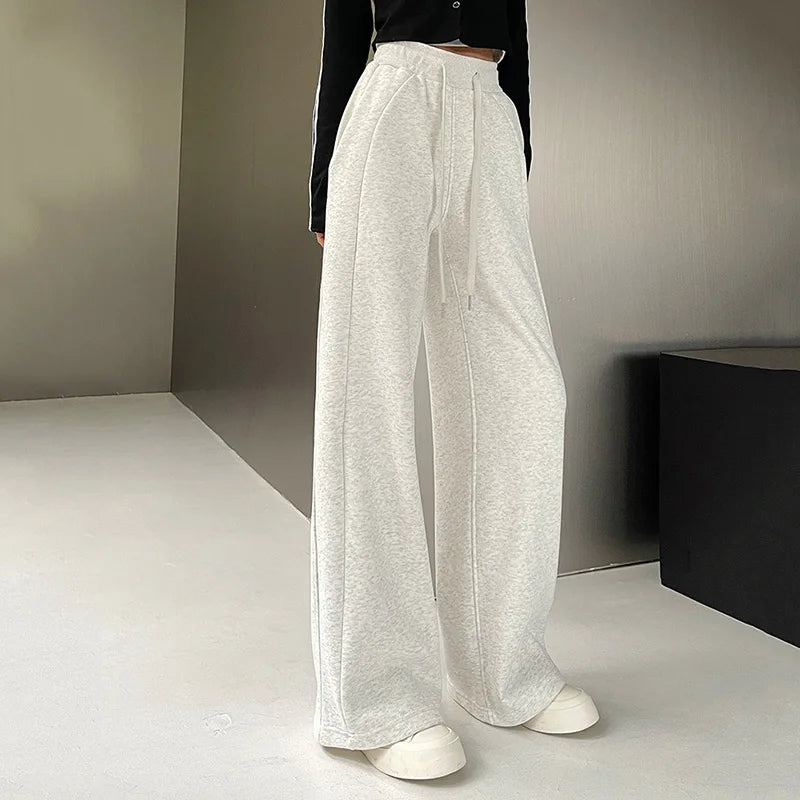 Pantalon de sport élastique pour femmes, basique, blanc, gris, noir, jambes larges, droit, polyvalent, taille haute, survêtement