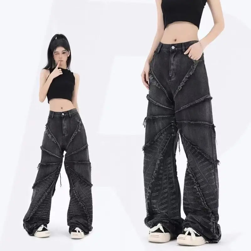 Y2K jean ample femme Hip Hop taille haute jean noir paresseux surdimensionné motif de broderie rétro jean haute rue vêtements