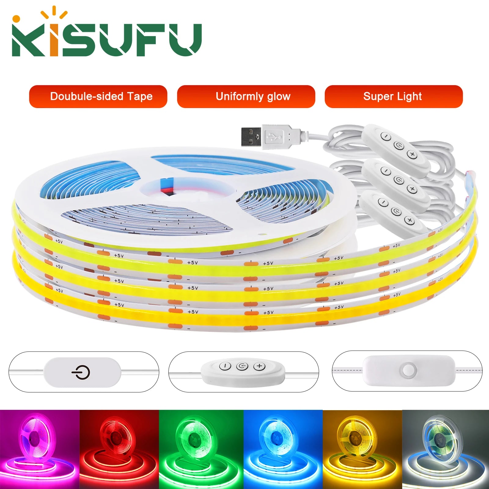 5V USB LED Strip Light, 320 LEDs/M COB, Dimmable Touch Sensor Switch/Push Switch, DIY, TV Mirror, Backlighting, Night Light for Room