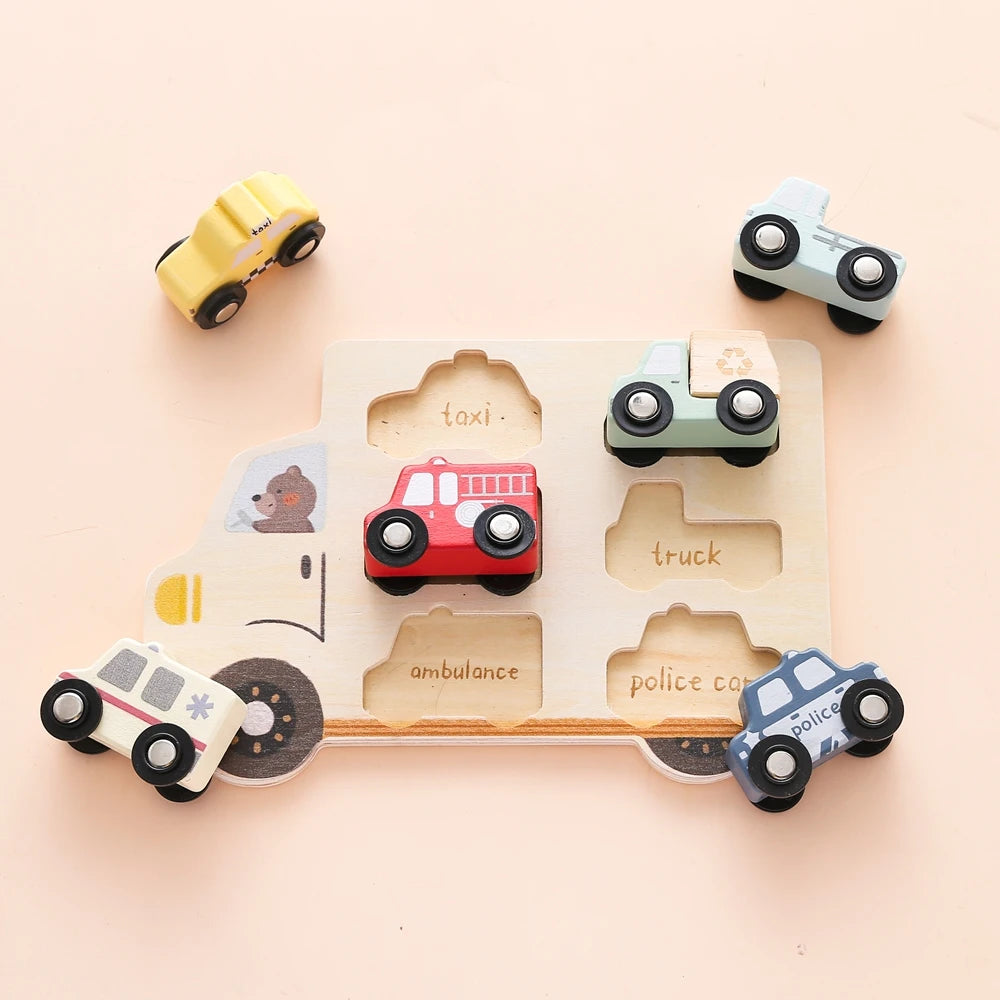 Puzzles en bois pour enfants, jouets pour bébés, Puzzle 3D Montessori, jouets éducatifs pour bébés de 2 ans, voitures, planche assortie