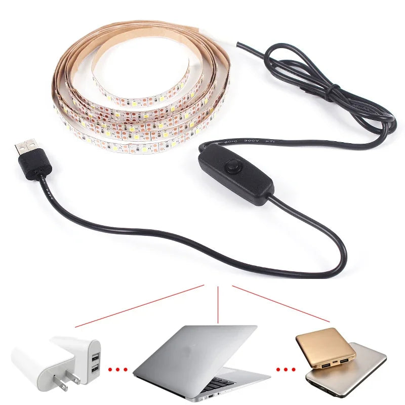 Bande lumineuse LED USB 2835 DC5V avec interrupteur, ruban de lampe Flexible, TV, ordinateur de bureau, écran, éclairage de fond, décoration de maison