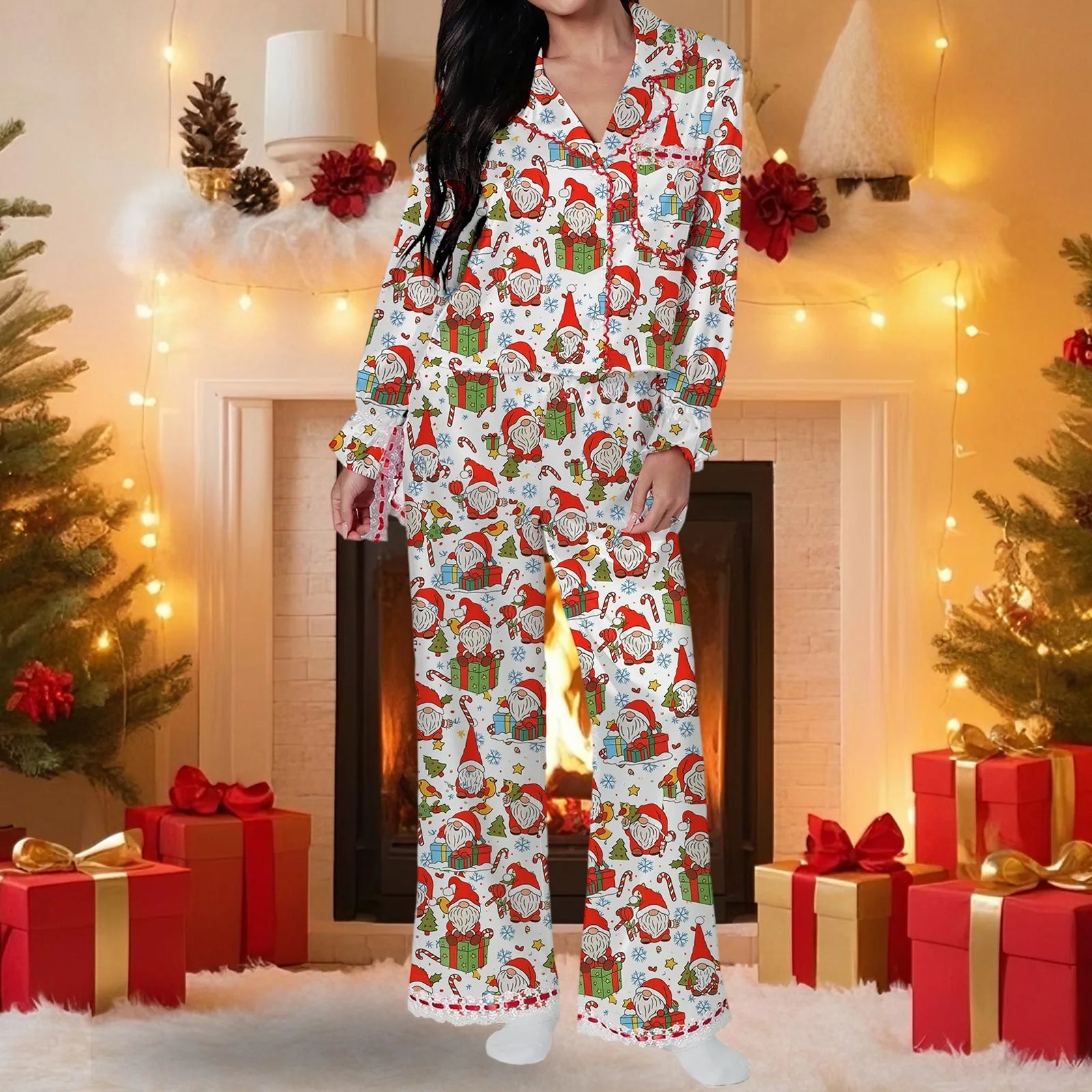 Ensemble pyjama de noël 2 pièces pour femmes, imprimé père noël/arc, dentelle en Satin, à nouer, manches longues, chemises à boutons, pantalons, vêtements de nuit