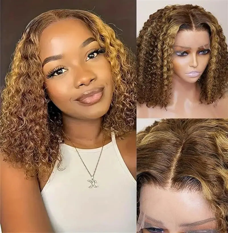 Short curly bob wig with 4/27 honey blonde highlights, 100% human hair, 13x4 lace front, deep wave, for women, virgin human hair