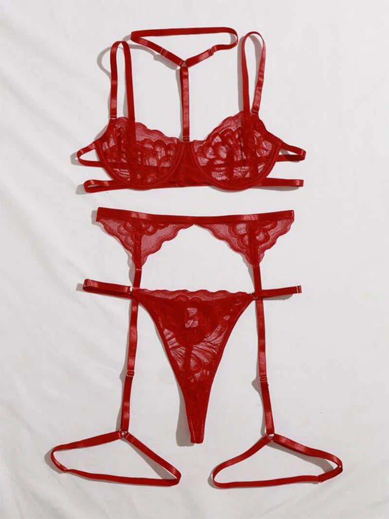 Ensembles de Lingerie érotique pour femmes, jarretelles en dentelle, soutien-gorge et culotte transparents, Costumes Porno féminins, col licou en V profond, ensemble de sous-vêtements Sexy