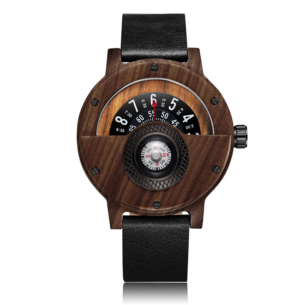 Montre en bois naturel pour hommes, Table rotative, cadran boussole, véritable bois de noyer, ébène, bambou, Concept marron, montre à Quartz