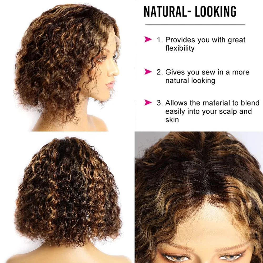 Short curly bob wig with 4/27 honey blonde highlights, 100% human hair, 13x4 lace front, deep wave, for women, virgin human hair