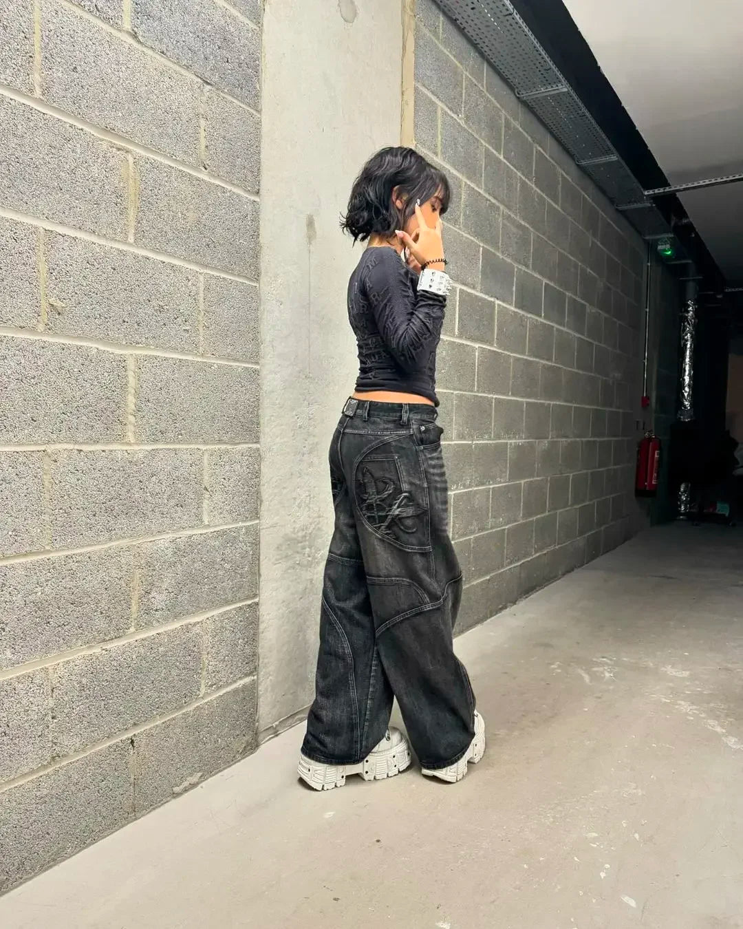 Y2K jean ample femme Hip Hop taille haute jean noir paresseux surdimensionné motif de broderie rétro jean haute rue vêtements