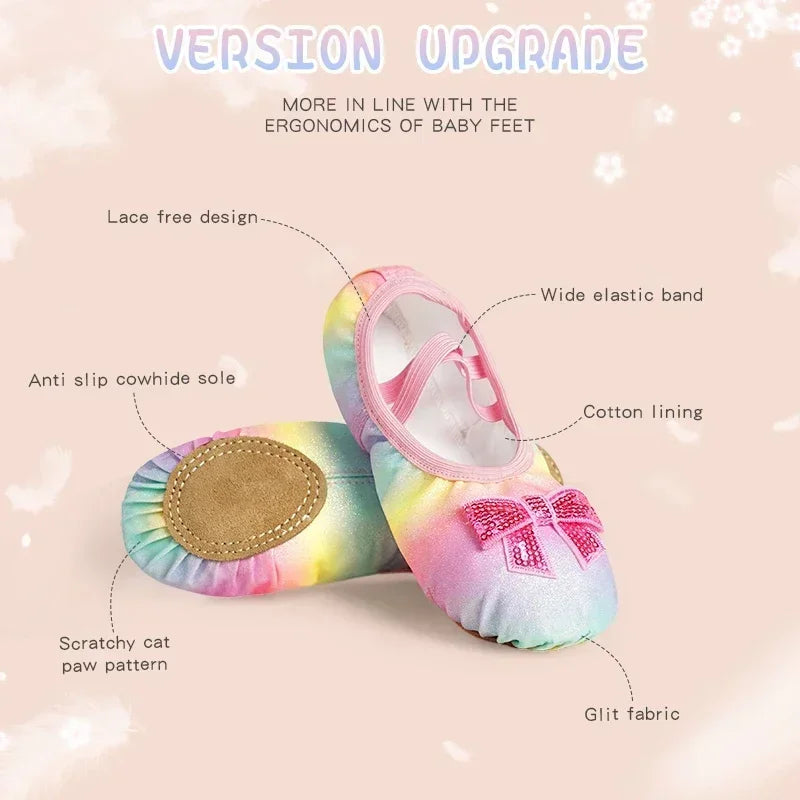 Chaussures de danse pour enfants filles ballerines chaussures arc-en-ciel nœud paillettes en cuir à semelles souples danse Performance Skate Sport chaussures de Yoga