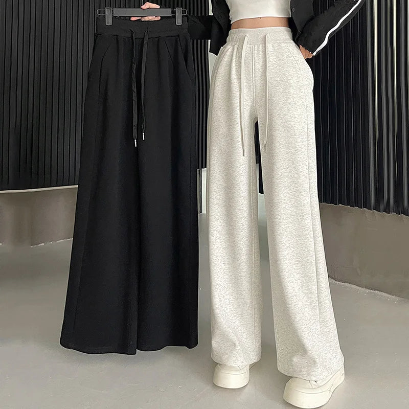 Pantalon de sport élastique pour femmes, basique, blanc, gris, noir, jambes larges, droit, polyvalent, taille haute, survêtement