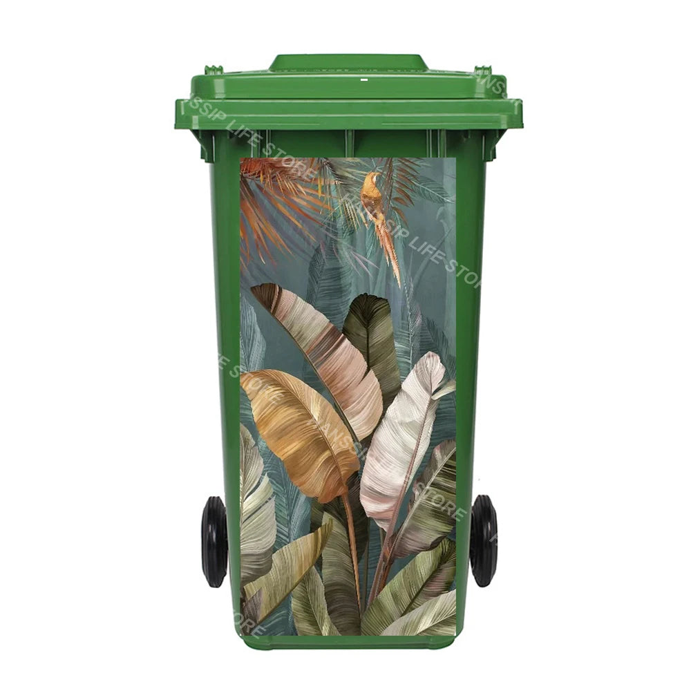 Autocollant imperméable en PVC pour poubelle d'extérieur, plantes tropicales, art mural, autocollants pour poubelle, pingouin et cuir chevelu
