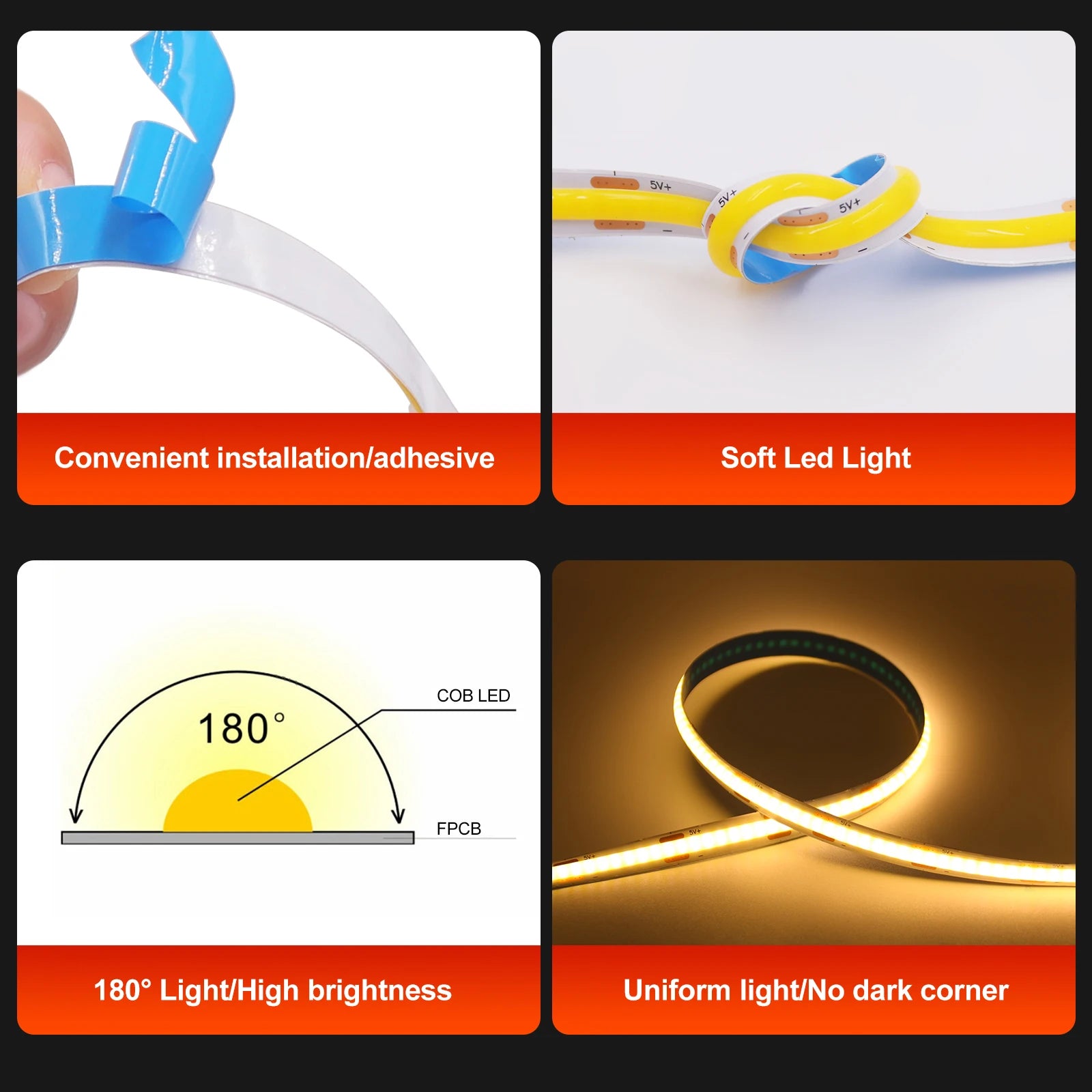 5V USB LED Strip Light, 320 LEDs/M COB, Dimmable Touch Sensor Switch/Push Switch, DIY, TV Mirror, Backlighting, Night Light for Room