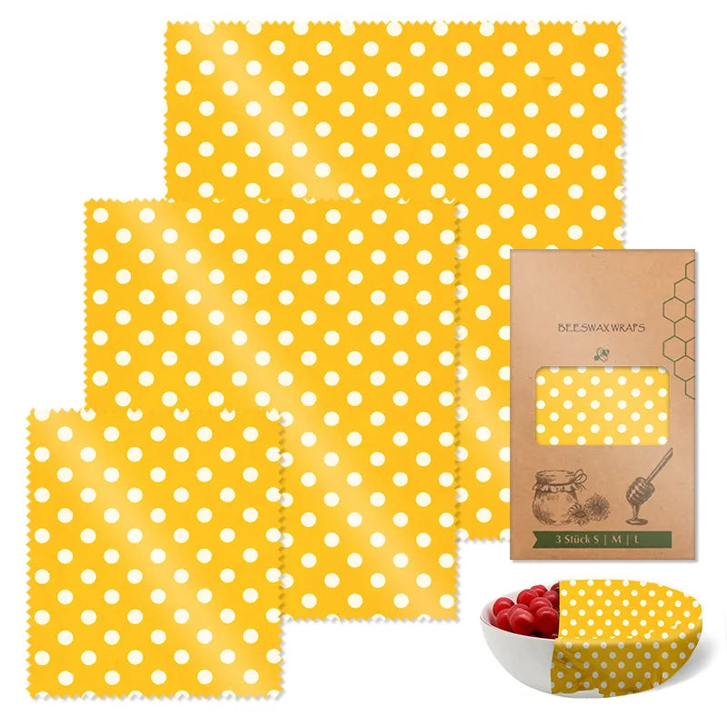 Beeswax Food Wrap 3-Piece Set, Reusable Eco-Friendly Organic Cotton Wax Fabric, Household Plastic Wrap Replacement, Washable Lemon Pattern