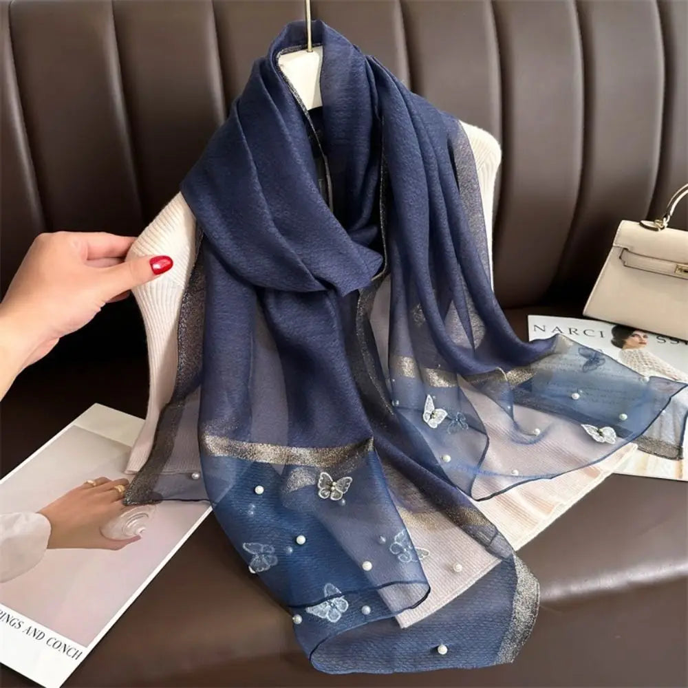 Grand Foulard Fin et Élégant avec Broderie Papillon, Châle Hijab de Luxe pour Femme