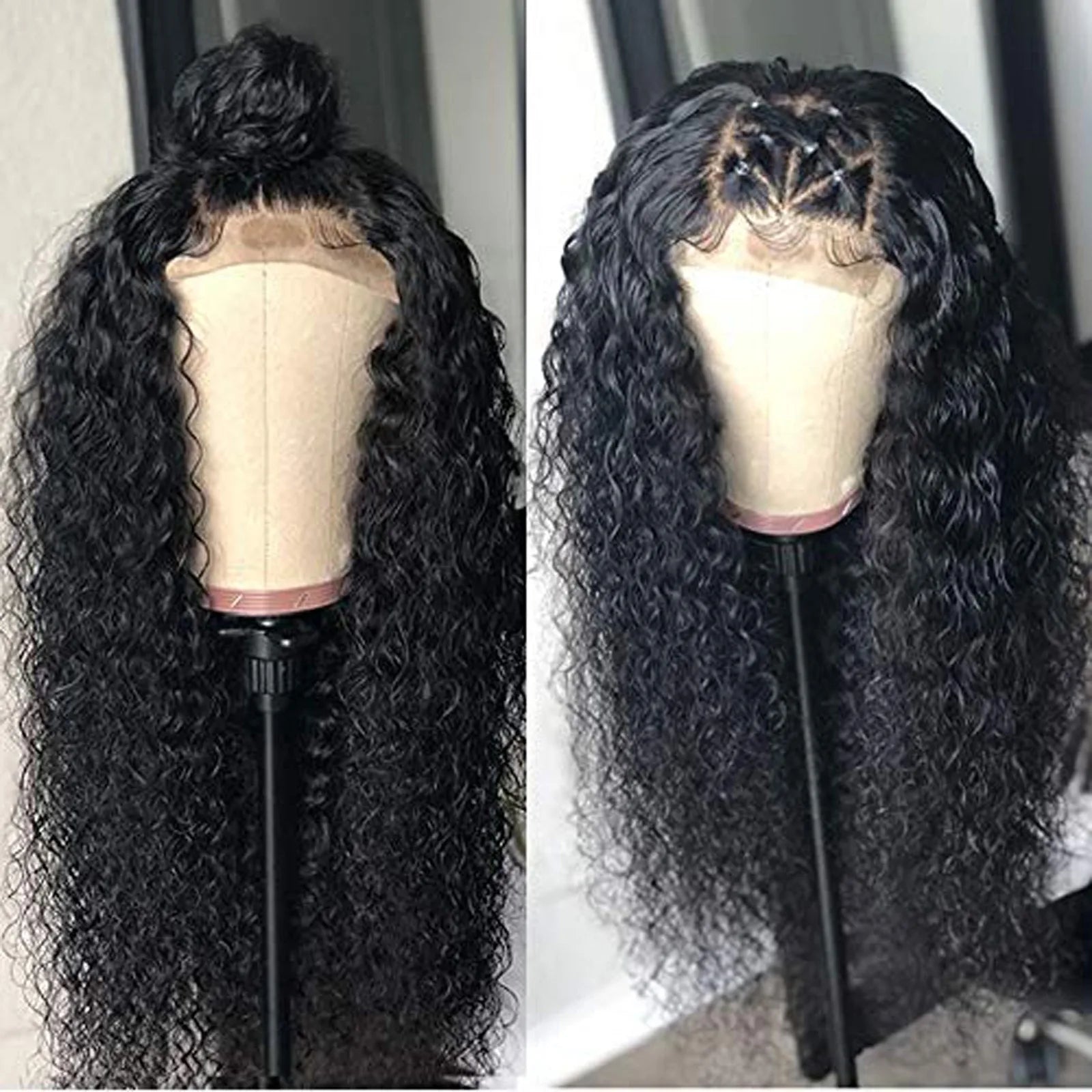 Perruque Lace Front Wig péruvienne naturelle, cheveux bouclés, sans colle
