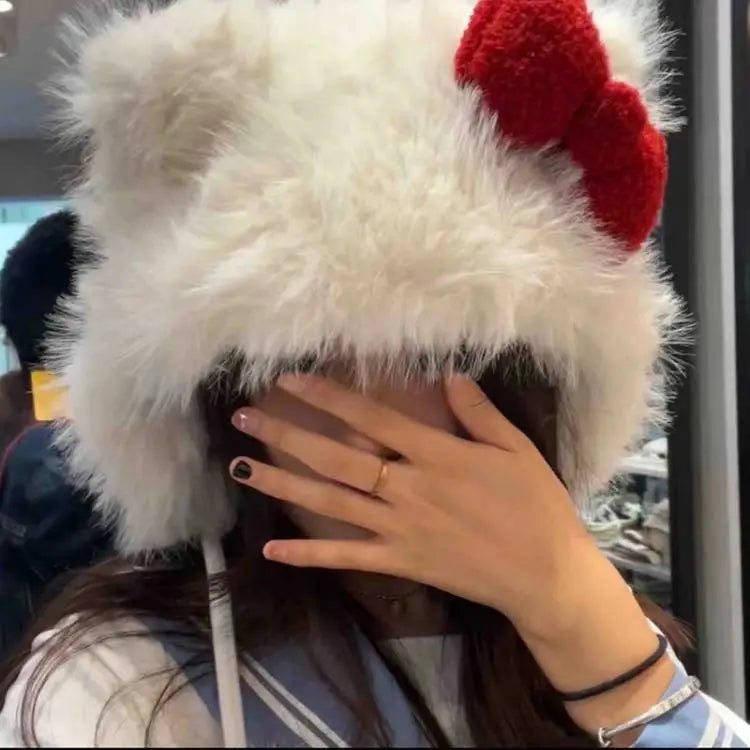 Chapeau seau mignon Hello Kitty avec cordon réglable, chapeau d'hiver à la mode, coupe-vent, matériau épais, casquette Streetwear Kawaii pour fille