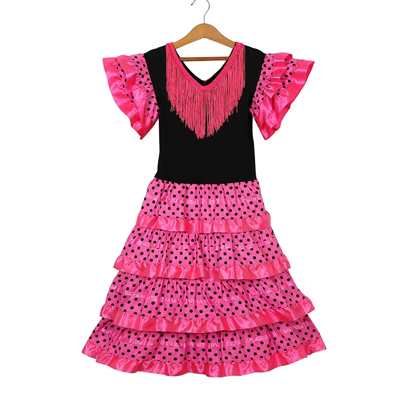 Robe de danse traditionnelle espagnole pour filles, robe de Festival à pois avec pompon, quatre couleurs, jupe classique de Style Flamengo gitane pour enfants