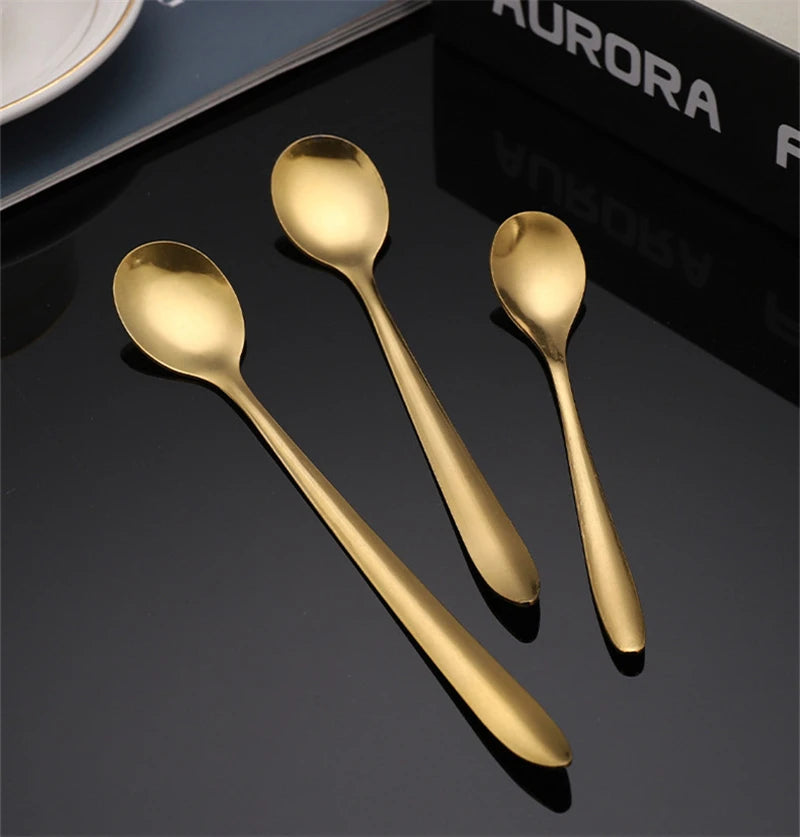Round, gold-plated stainless steel teaspoons with long handles, for cupcakes, fruit, coffee, honey, desserts, Assad spoon, Britware