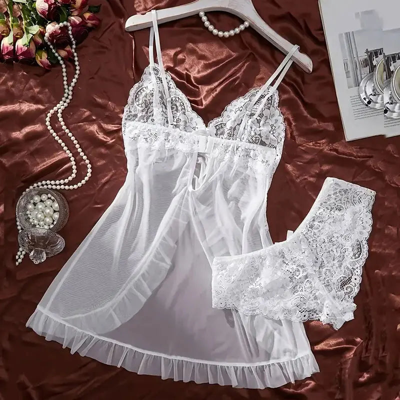 Tulle Ultra Sexy chemise de nuit col en v soutien-gorge ouvert sommeil jupe nuit robe érotique femme pure pyjamas Lingerie tongs Kit de luxe