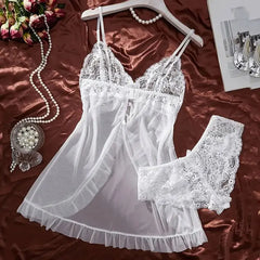 Tulle Ultra Sexy chemise de nuit col en v soutien-gorge ouvert sommeil jupe nuit robe érotique femme pure pyjamas Lingerie tongs Kit de luxe