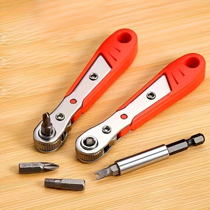 Steel screwdriver with forward/reverse ratchet, right-angle tool for tight spaces, motorcycle and car repair kit