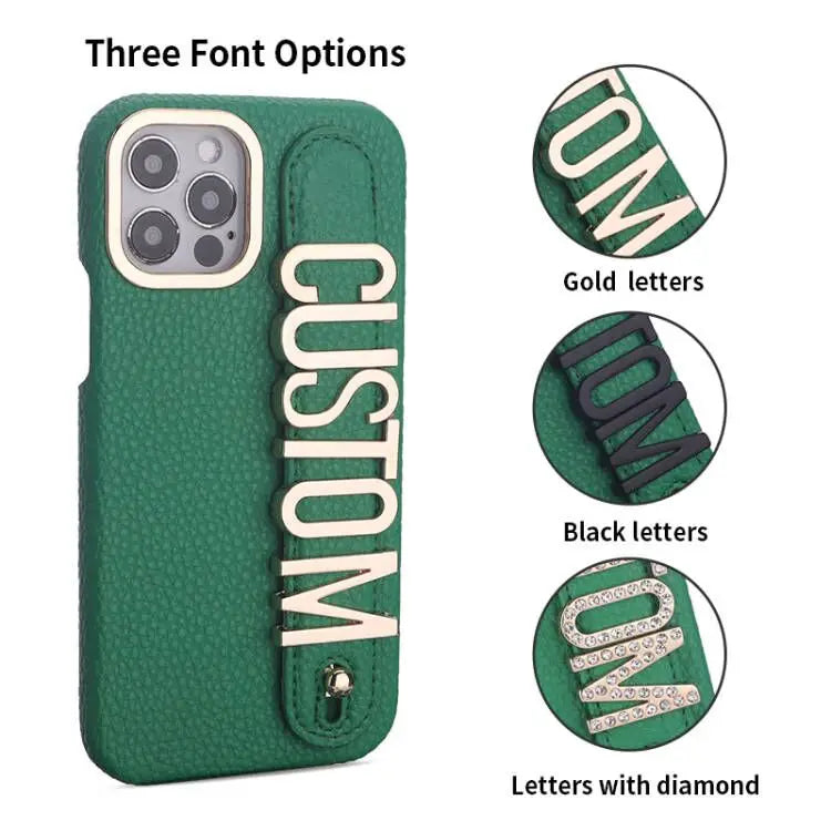 Étui de téléphone en cuir personnalisé avec nom de lettre, porte-carte de bracelet personnalisé, iPhone 16, 15, 14, 13, 12, 11Pro Max, 16Plus