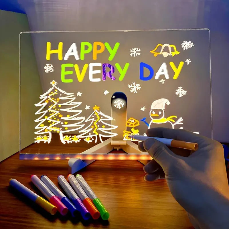 Tableau de notes LED veilleuse avec 7 stylos colorés, tableau d'affichage en acrylique, peinture effaçable, planche à dessin pour enfants, cadeau d'anniversaire