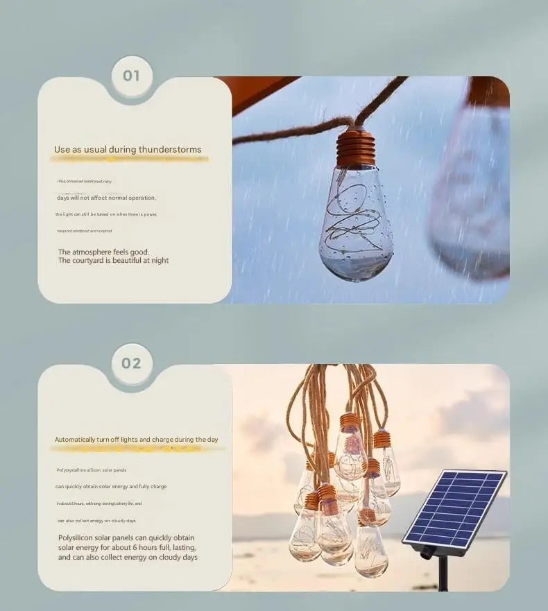 Solar-powered outdoor string lights, 7m, 16 bulbs, waterproof garden lights for patio, fence, path, yard, porch, railing, bar, Christmas decoration