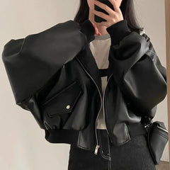 Women's Two-Piece PU Faux Leather Hooded Jacket, Short, Vintage, Casual, Fashionable, Spring/Autumn 2025