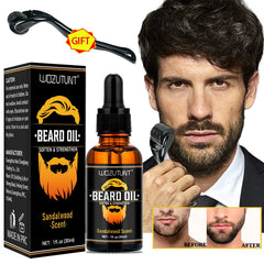 Huile de conditionnement pour barbe de karité naturelle, adoucit, renforce la barbe, parfum de bois de santal, 30ml et rouleau doucement pour hommes, Massage des poils du visage