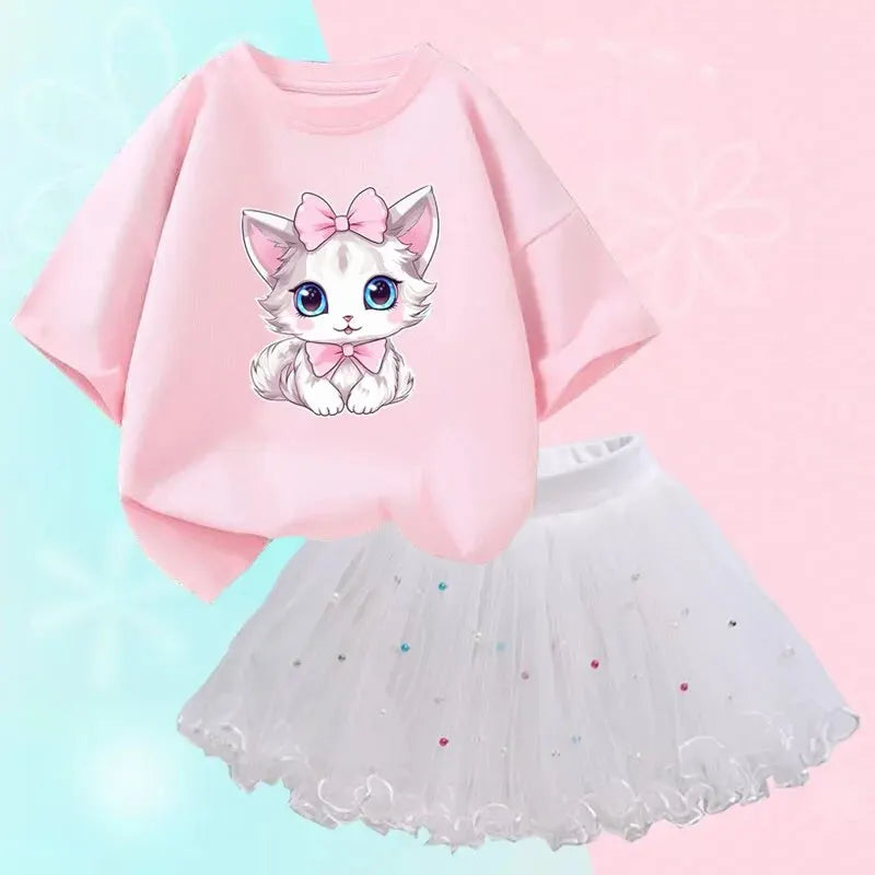 Tenues d'été mignonnes pour filles, T-shirt chat dessin animé et jupe tutu, vêtements de princesse pour filles, vêtements d'anniversaire pour enfants, 2 pièces/ensemble