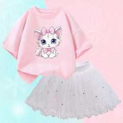 Tenues d'été mignonnes pour filles, T-shirt chat dessin animé et jupe tutu, vêtements de princesse pour filles, vêtements d'anniversaire pour enfants, 2 pièces/ensemble