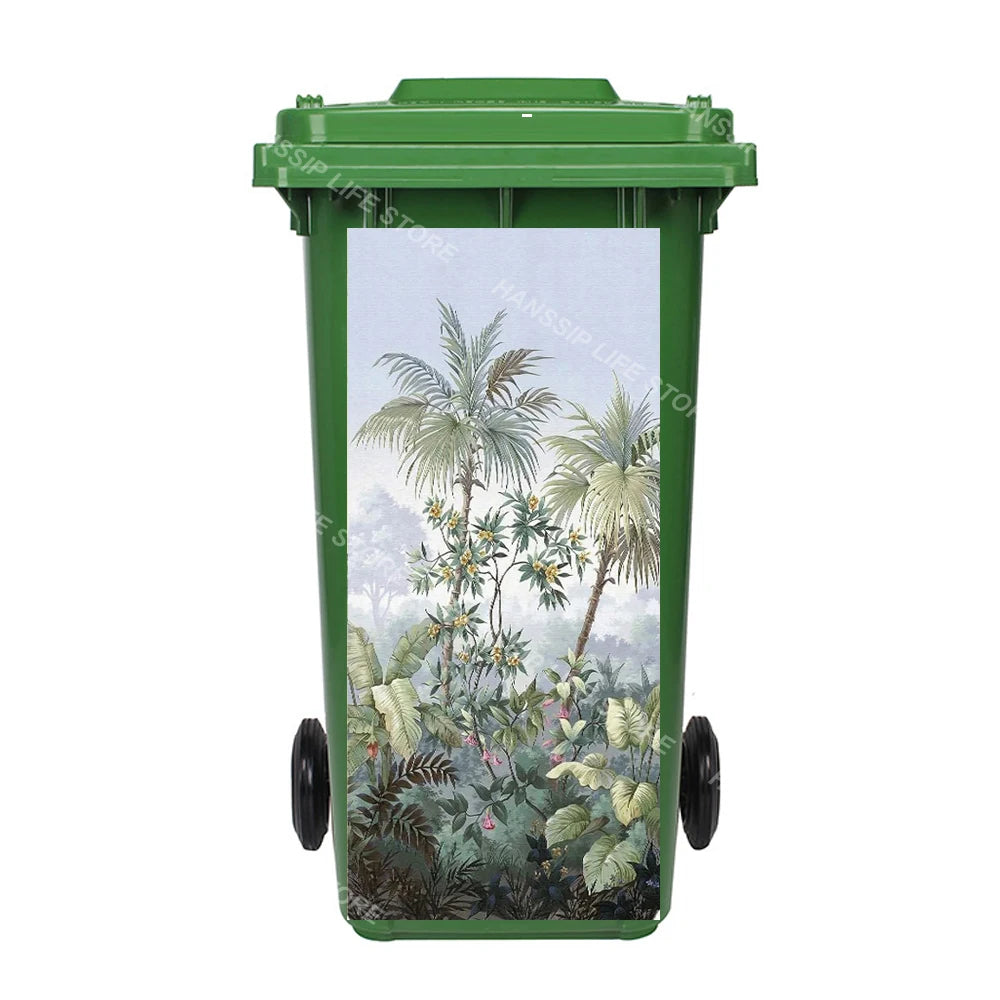 Autocollant imperméable en PVC pour poubelle d'extérieur, plantes tropicales, art mural, autocollants pour poubelle, pingouin et cuir chevelu