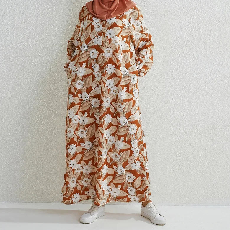 Women's Pop Eid Muslim Abaya Ramadan Moroccan Arabic Pockets Long Floral Dress Dubai Caftan Islamic Abayas Zippers Casual Dresses