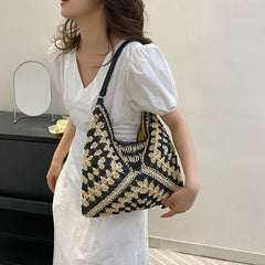 Sac à main d'été bohème tressé, fourre-tout décontracté, sac de plage en paille creuse, sac initié tissé, sac de voyage en raphia et rotin