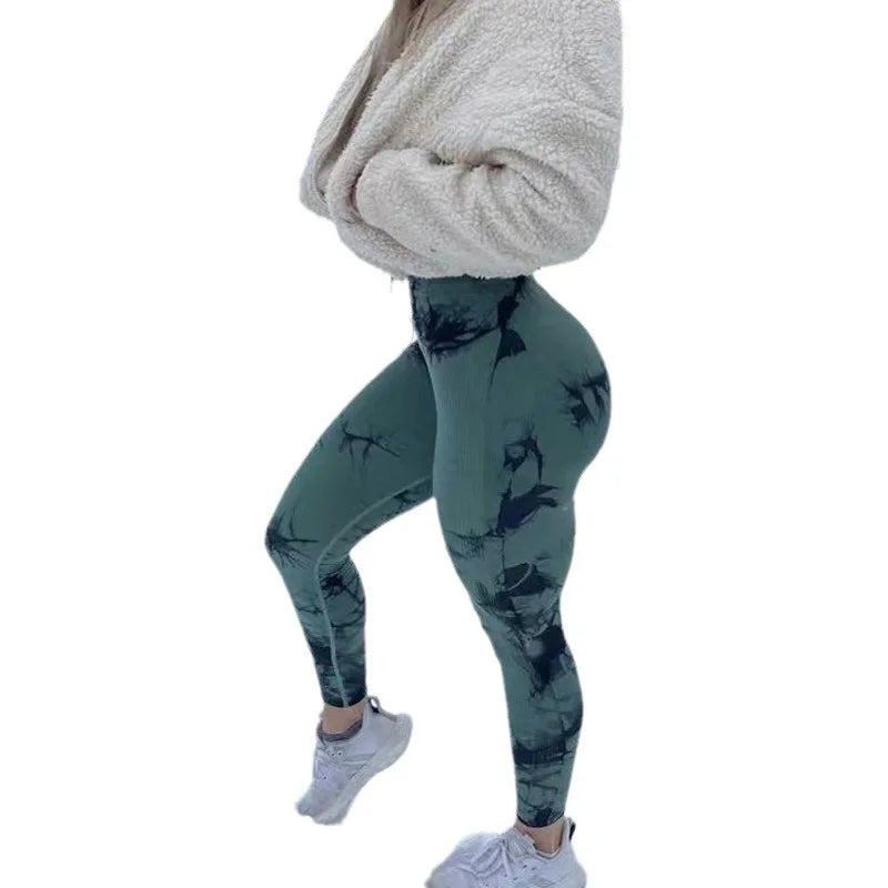 Women's stretch yoga pants, knot-dyed, seamless, peach-buttocks, high waist